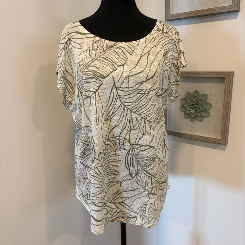 Never Worn! Rachel Zoe Olive/Tan/White Tropical Leaf Print Linen Blouse